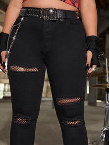 SHEIN ICON Jeans ajustados desgarro unicolor sin cinturón - Negro - Ver 3