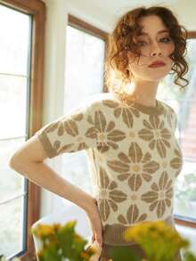 Knit Mix Women Spring Autumn Casual Knit Crew Neck Short Sleeve Contrast Color Loose T-Shirt (Pattern Randomly) - Khaki - View 8