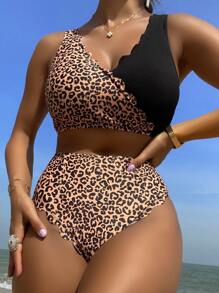 Spliced Leopard Bikini Set Scallop Trim Tank Bra & High Waisted Bottom 2 Piece Bathing Suit, For Summer Beach Vacation - Multicolor - View 1