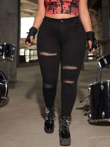 SHEIN ICON Jeans ajustados desgarro unicolor sin cinturón - Negro - Ver 5