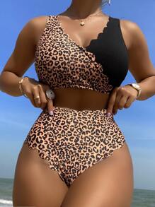 Spliced Leopard Bikini Set Scallop Trim Tank Bra & High Waisted Bottom 2 Piece Bathing Suit, For Summer Beach Vacation - Multicolor - View 7