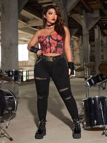 SHEIN ICON Jeans ajustados desgarro unicolor sin cinturón - Negro - Ver 7