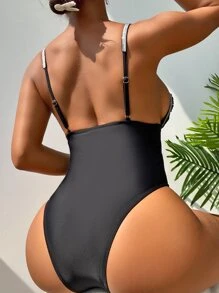 Ruched Push Up One Piece Swimsuit - Black - View 2