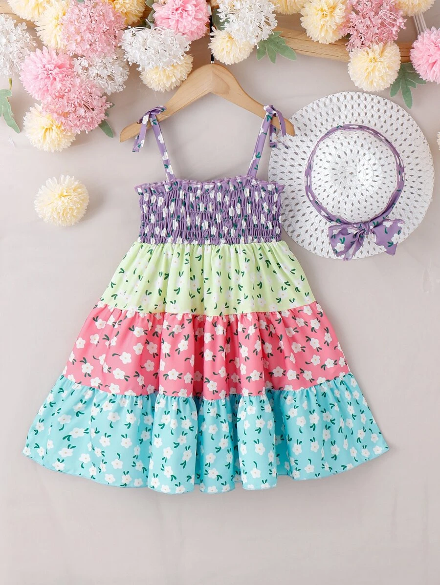 Toddler Girls Ditsy Floral Print Colourblock Ruffle Hem Cami Dress & Hat - Multicolor - View 1