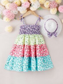 Toddler Girls Ditsy Floral Print Colourblock Ruffle Hem Cami Dress & Hat - Multicolor - View 2
