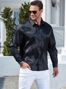 Manfinity Men Plus Leaf Jacquard Button Up Shirt - Black - View 3