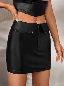 SHEIN ICON Solid PU Leather Bodycon Skirt - Black - View 4