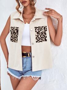 SHEIN LUNE Cazadora chaleco con estampado de leopardo con bolsillo con solapa - Albaricoque - Ver 5