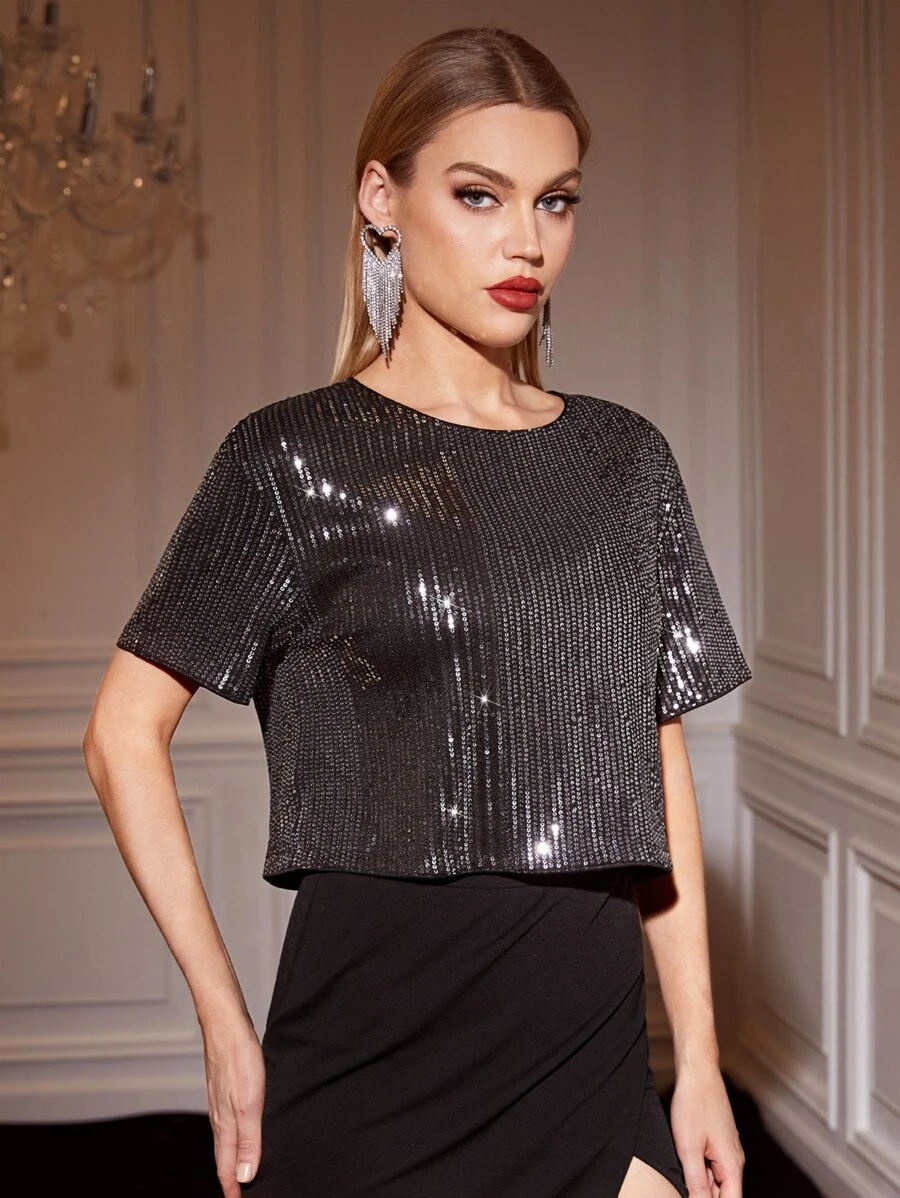 SHEIN Unity Drop Shoulder Sequin Tee - Silver - View 1