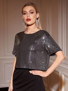 SHEIN Unity Drop Shoulder Sequin Tee - Silver - View 3