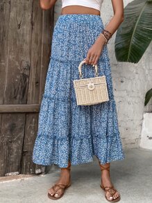 SHEIN VCAY 小碎花荷葉邊半身裙不附腰帶