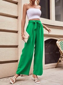 SHEIN Essnce Solid Belted Wide Leg Trousers - Lime Green - View 1