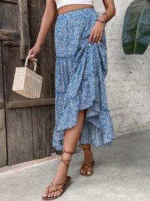 SHEIN VCAY 小碎花荷葉邊半身裙不附腰帶