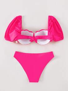 帶鋼絲高腰夏季海灘比基尼套裝 - 玫紅色 - 查看 6