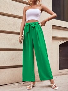 SHEIN Essnce Solid Belted Wide Leg Trousers - Lime Green - View 5