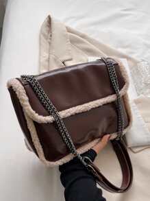 Two Tone Chain Flap Square Bag - Coffee Brown - View 1