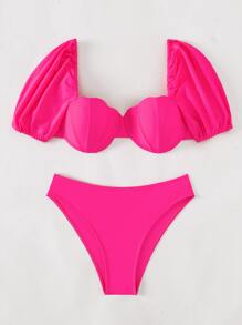 帶鋼絲高腰夏季海灘比基尼套裝 - 玫紅色 - 查看 1