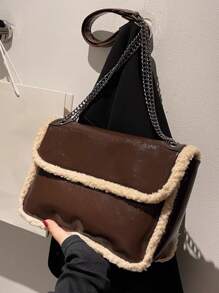 Two Tone Chain Flap Square Bag - Coffee Brown - View 3