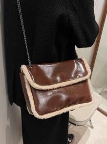 Two Tone Chain Flap Square Bag - Coffee Brown - View 4