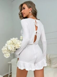 Solid Ruffle Hem Lounge Romper - White - View 1