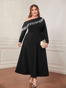 Modelyn Plus Asymmetrical Neck Fringe Trim Dress - Black - View 1