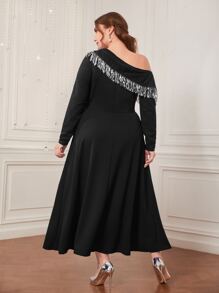 Modelyn Plus Asymmetrical Neck Fringe Trim Dress - Black - View 2
