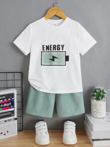 SHEIN Leap Crew 年輕男孩字母圖形t恤和短褲套裝 - 薄荷綠 - 查看 1