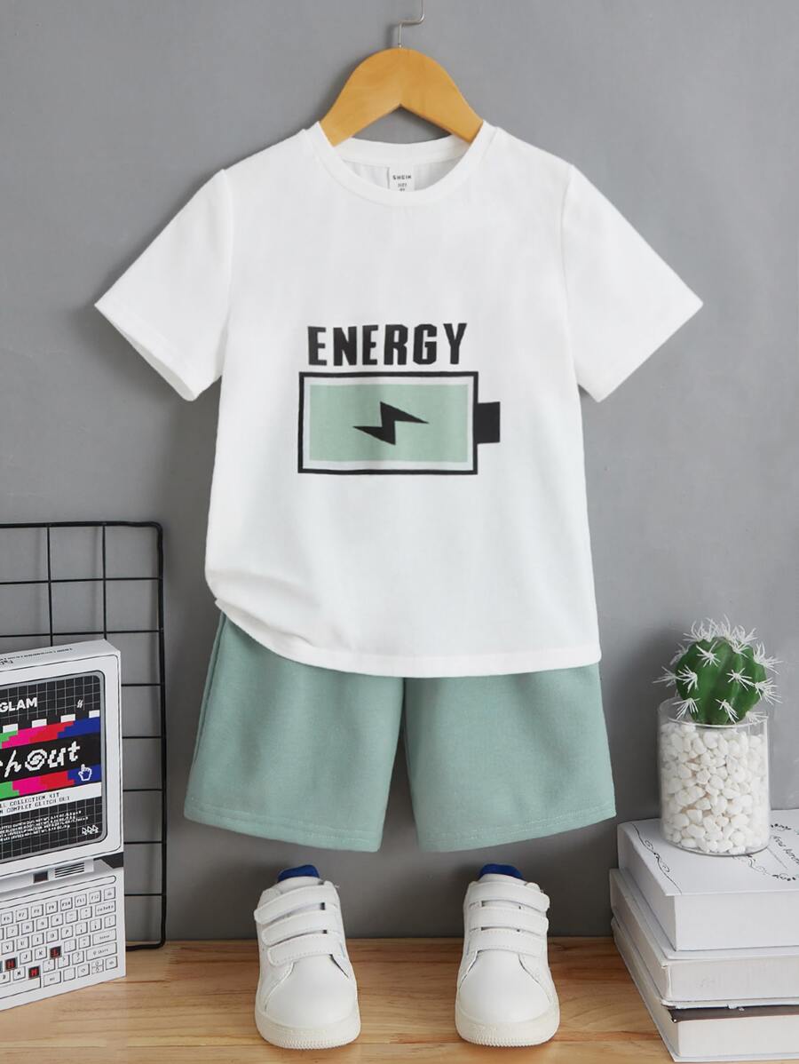 SHEIN Leap Crew 年輕男孩字母圖形t恤和短褲套裝 - 薄荷綠 - 查看 1