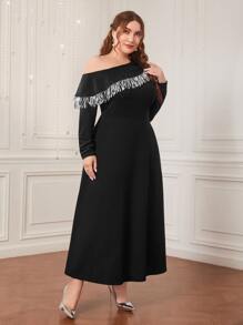 Modelyn Plus Asymmetrical Neck Fringe Trim Dress - Black - View 4