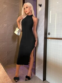 SHEIN BAE 高衩露背繞頸緊身連衣裙 - 黑色 - 查看 4