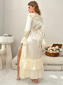 Bata de dormir ribete con fruncido con cinturón de satén - Beis - Ver 2