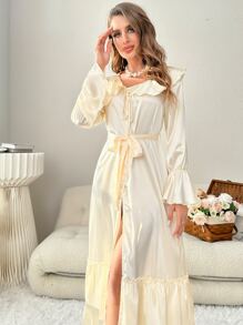Bata de dormir ribete con fruncido con cinturón de satén - Beis - Ver 5