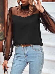 SHEIN Clasi Contrast Mesh Mock Neck Lantern Sleeve Blouse - Black - View 1