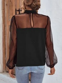 SHEIN Clasi Contrast Mesh Mock Neck Lantern Sleeve Blouse - Black - View 2