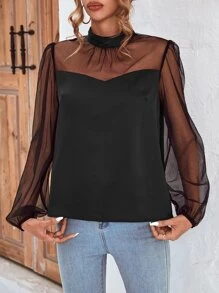 SHEIN Clasi Contrast Mesh Mock Neck Lantern Sleeve Blouse - Black - View 3