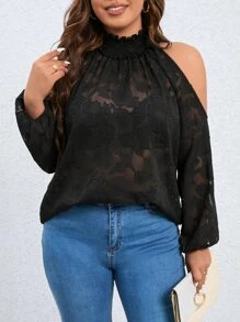 SHEIN Clasi Plus Floral Print Cold Shoulder Blouse - Black - View 3