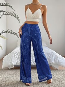 SHEIN BAE High Waist Sequin Wide Leg Pants - Blue - View 3