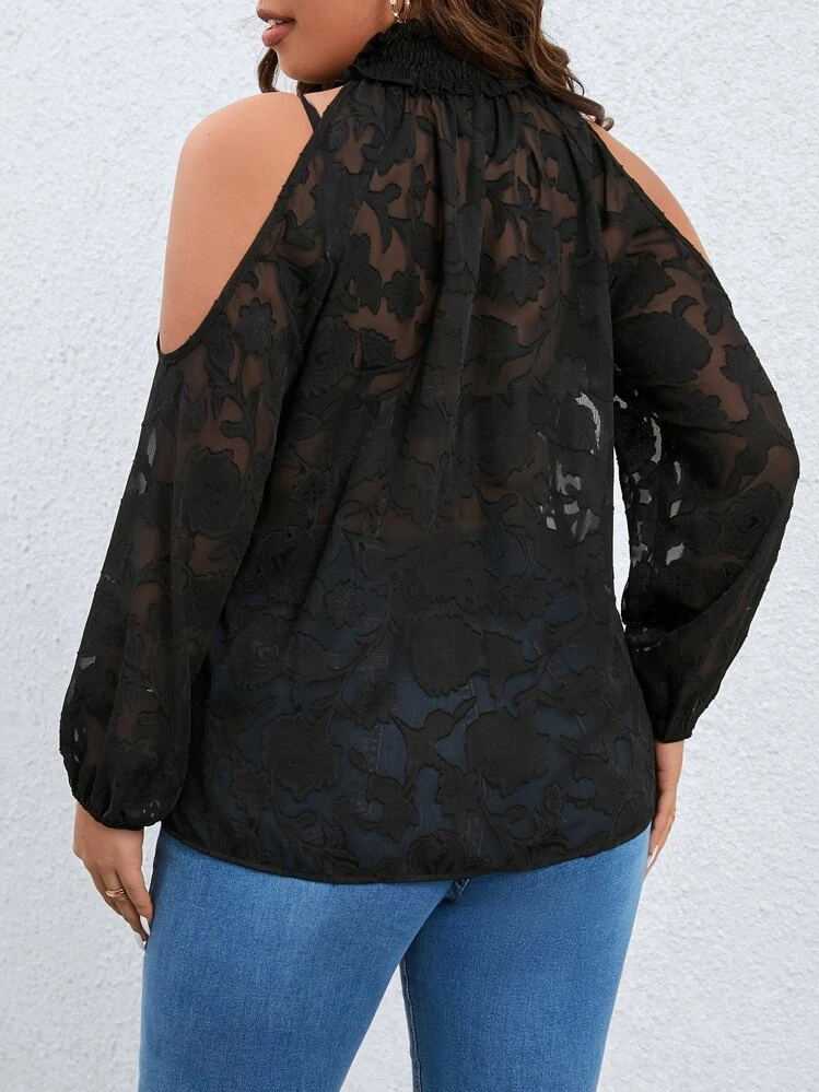 SHEIN Clasi Plus Floral Print Cold Shoulder Blouse - Black - View 2