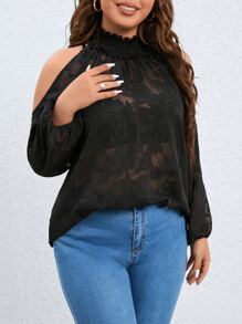 SHEIN Clasi Plus Floral Print Cold Shoulder Blouse - Black - View 4