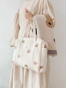 Bolso pañalero con bordado en el hombro, de gran capacidad y cierre con cremallera, que se puede colgar en el carrito de bebé - Beis - Ver 1