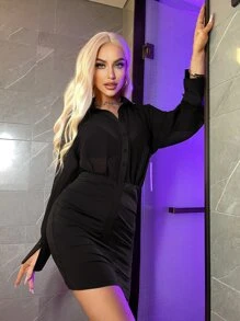 SHEIN BAE Solid Button Front Ruched Bodycon Dress - Black - View 5