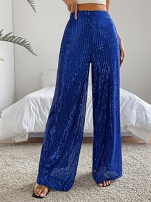 SHEIN BAE High Waist Sequin Wide Leg Pants - Blue - View 4