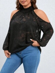 SHEIN Clasi Plus Floral Print Cold Shoulder Blouse - Black - View 5