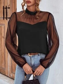 SHEIN Clasi Contrast Mesh Mock Neck Lantern Sleeve Blouse - Black - View 5