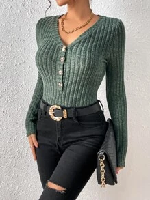 SHEIN Essnce Áo liền quần ôm nữ Gân đan Nút phía trước màu trơn Giải trí - Màu xanh lá cây đậm - Xem 5