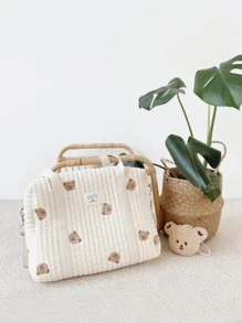 Bolso pañalero con bordado en el hombro, de gran capacidad y cierre con cremallera, que se puede colgar en el carrito de bebé - Beis - Ver 4