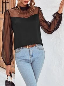 SHEIN Clasi Contrast Mesh Mock Neck Lantern Sleeve Blouse - Black - View 7
