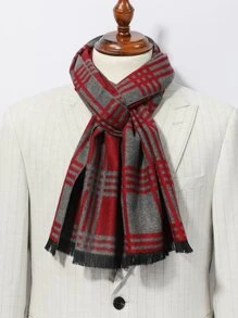 Men Plaid Pattern Raw Trim Scarf - Multicolor - View 1