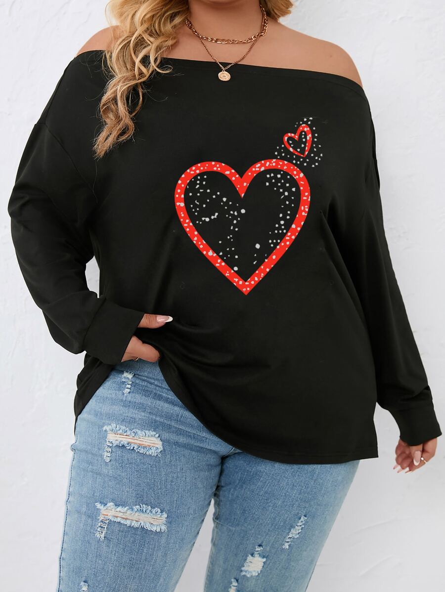 SHEIN LUNE Plus Heart Print Off Shoulder Sweatshirt - Black - View 1