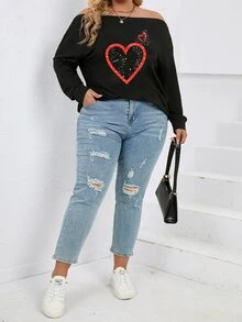 SHEIN LUNE Plus Heart Print Off Shoulder Sweatshirt - Black - View 4